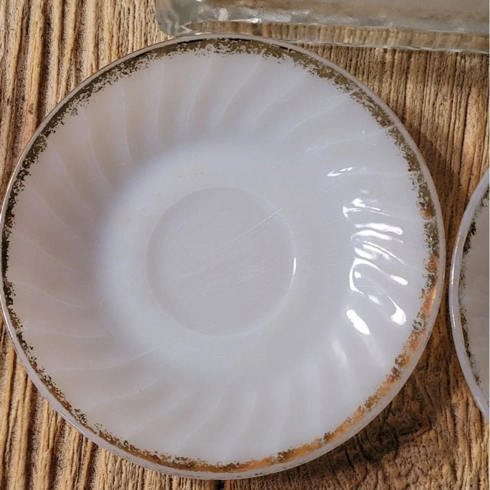 Fire King White Milk Glass rimmed in 24 ct Gold. Tea / Coffee plates. Set of 3.